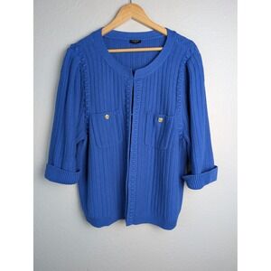 Talbots Cardigan Womens 2X Blue Chunky-Knit Open Front Pocket Button 3/4 Sleeve